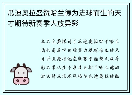 瓜迪奥拉盛赞哈兰德为进球而生的天才期待新赛季大放异彩