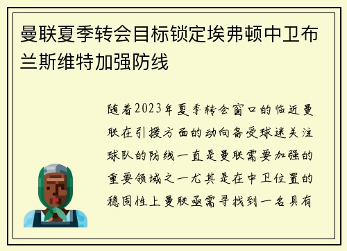 曼联夏季转会目标锁定埃弗顿中卫布兰斯维特加强防线